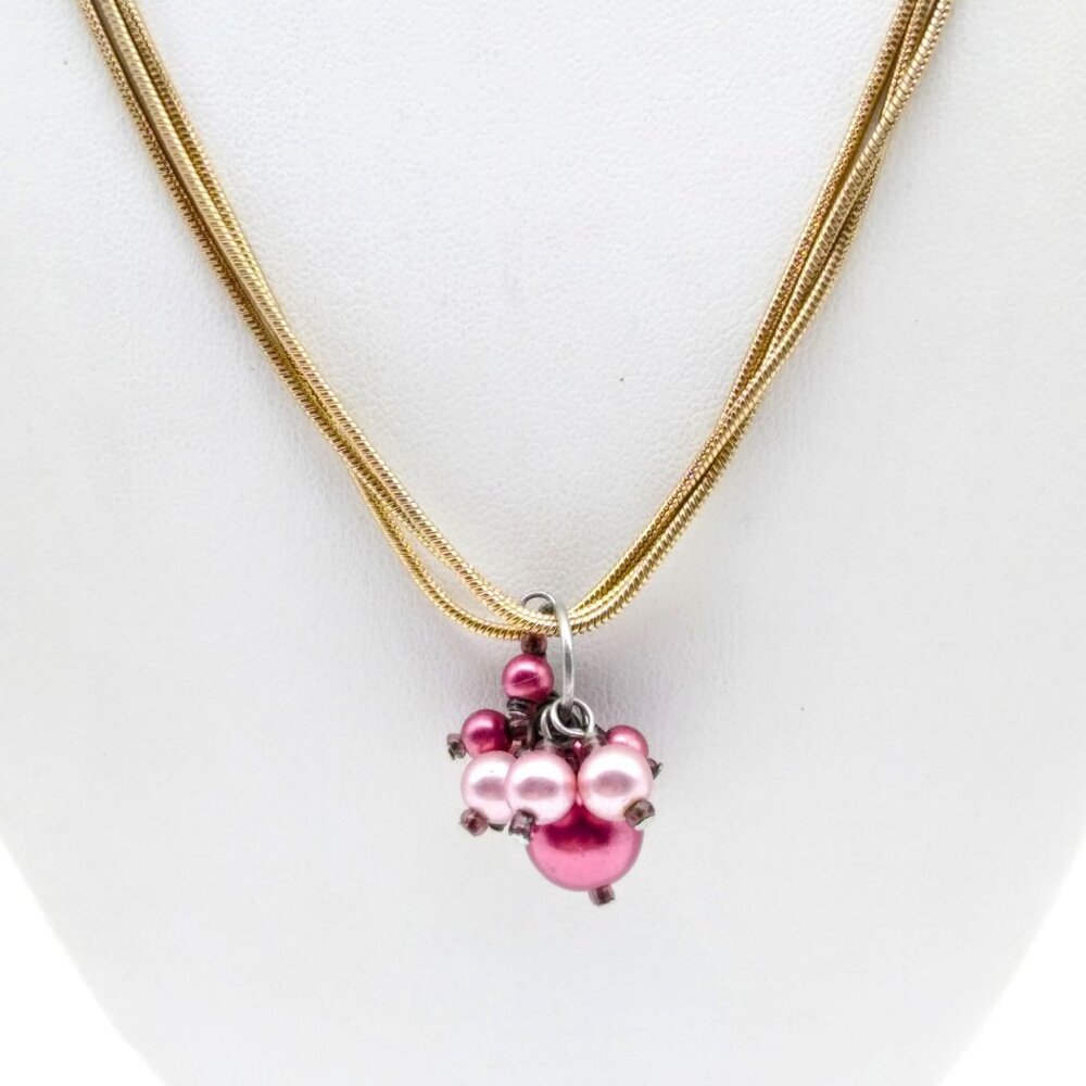 Shades of Pink Charms Necklace, Vintage Gold Tone Snake Chain with Faux Pearl Pe